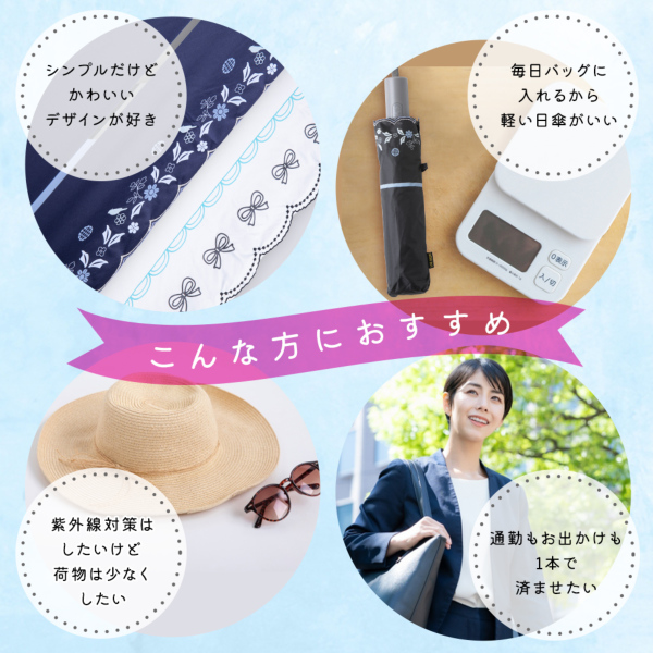 晴雨兼用折りたたみ自動開閉日傘【リボンボーダー/3カラー】