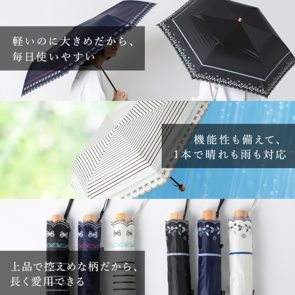 晴雨兼用折りたたみ日傘【リボンボーダー/3カラー】