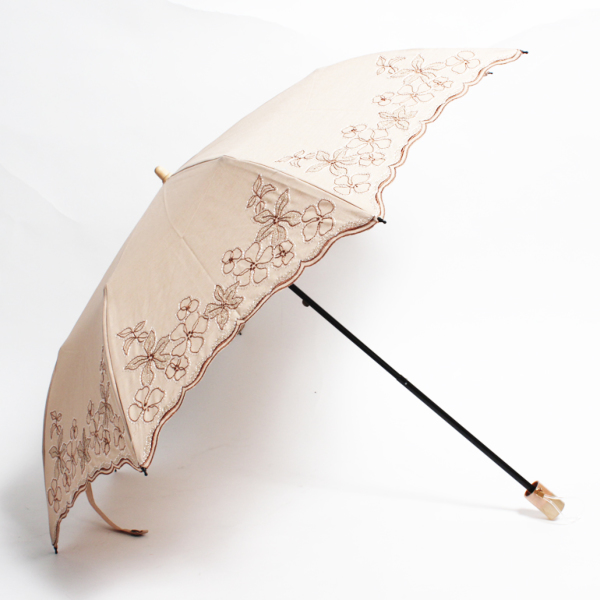 SHIBATAシバタ 晴雨兼用傘 レディース 日傘 雨傘 中棒スライドショート傘 綿麻 大円刺繍傘 ベージュ